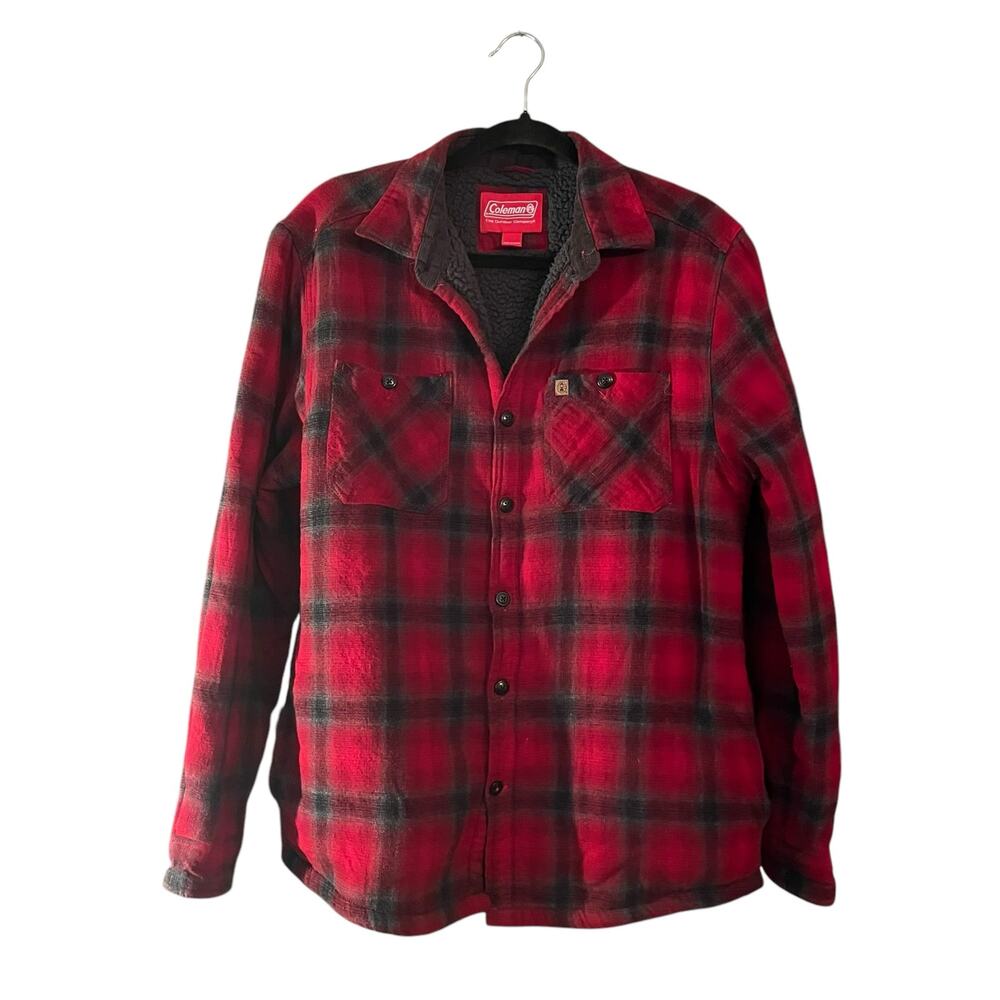 Coleman Red Plaid Shacket Mens M Sherpa Lining Cotton Country Outdoorsy Grunge